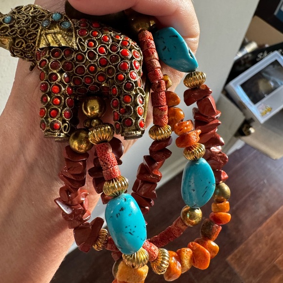 Antique Coral and Turquoise Elephant Necklace - Picture 9 of 15